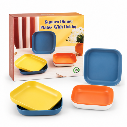 Stylish 4-Piece Square Dinner Plates with Space-Saving Holder | Products | B Bazar | A Big Online Market Place and Reseller Platform in Bangladesh
