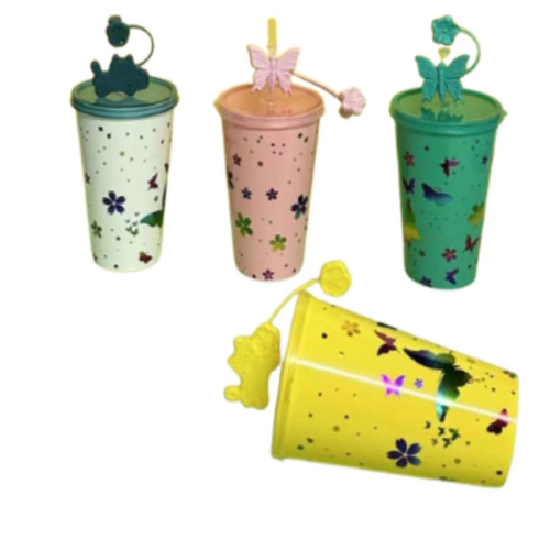 Plastic tumbler with a lid and straw, featuring a floral and butterfly design 700 ml | Products | B Bazar | A Big Online Market Place and Reseller Platform in Bangladesh